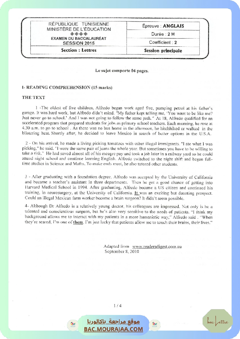 Sujet principale anglais Bac 2015 – Section lettre